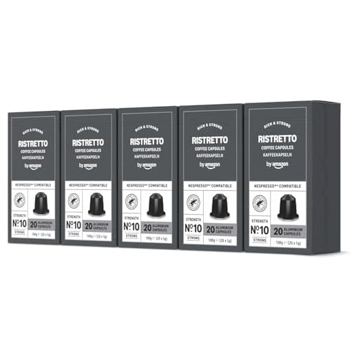 by Amazon - Cápsulas de café Ristretto, tueste medio, compatibles con Nespresso, 100 unidades, 5 paquetes de 20, certificado Rainforest Alliance
