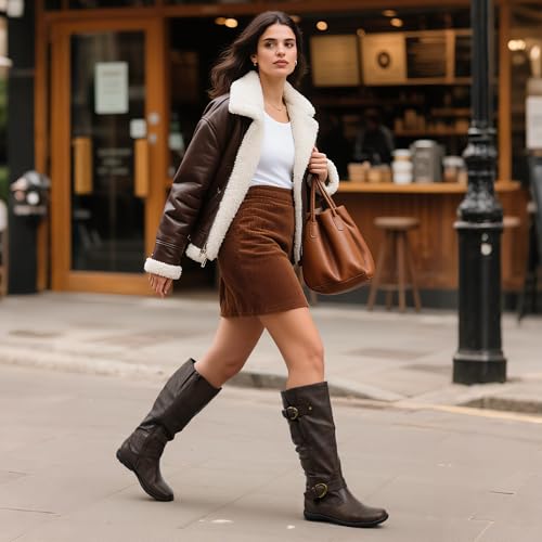 DREAM PAIRS DREAM PAIRS Women's Wide Calf Knee High Faux Fur-Lined Flat Fashion Winter Boots with Side Zipper,Size 7,Wide/Calf/Brown,SUMMIT-W