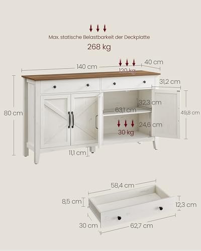VASAGLE Küchenschrank, Sideboard mit Schubladen, Aufbewahrungsschrank mit Türen, verstellbare Ablage, Landhausstil, für Wohnzimmer Küche Esszimmer, 40 x 140 x 80 cm, vintageweiß-honigbraun BBK381W02