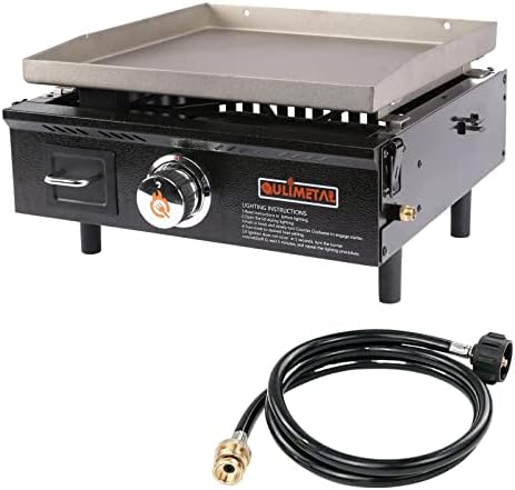 QuliMetal Portable Table Top Griddle, 17 Inch Propane Gas Flat Top Grill, 15,000 BTUs 268 sq. in. Camping Grill with Carry Bag and 4 Feet Propane Adapter Hose