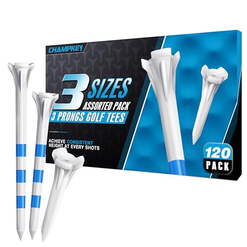 CHAMPKEY Professional 3 Prongs Golf Tees 120 Pack (Including 30 * 83mm/ 50 * 70mm/ 40 * 38mm) Low Friction and Resistance Golf Plastic Tees (White)