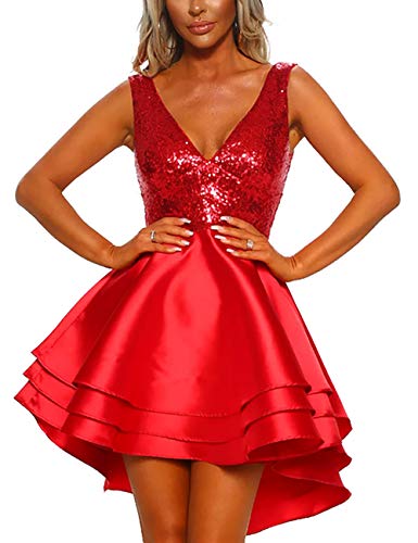Lrady Women s Sequin Glitter V Neck Skater Mini Club Cocktail Party Swing Dress, Red, Medium