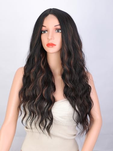 AISI BEAUTY Long Black mix Brown Wigs for Women 26 Inch Middle Part Curly Wavy Wig Natural Looking Synthetic Heat Resistant Fiber Wig for Daily Party Use(Black mix Brown) - Image 3