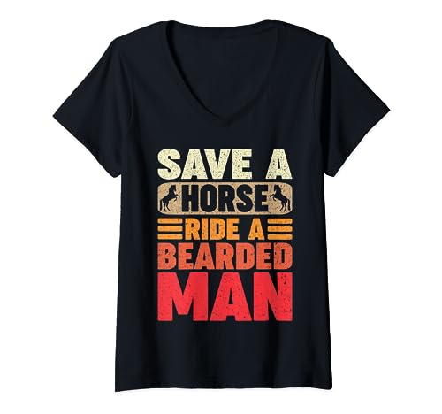 Retro Save A Horse Ride A Bearded Man Vintage Beard Funny Camiseta Cuello V
