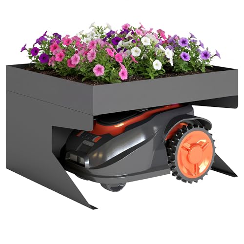 Outsunny Robot cortacésped garaje de acero 75 x 70 x 46 cm con jardinera cortacésped de acero galvanizado, cubierta de lluvia para cortacésped, color negro