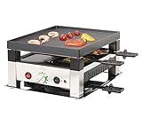 Regulación de temperatura sin niveles con indicador de preparación, zona fría para sartenes calientes durante las pausas de comida, funciones por separado o utilizables con raclette, calor inferior conmutable