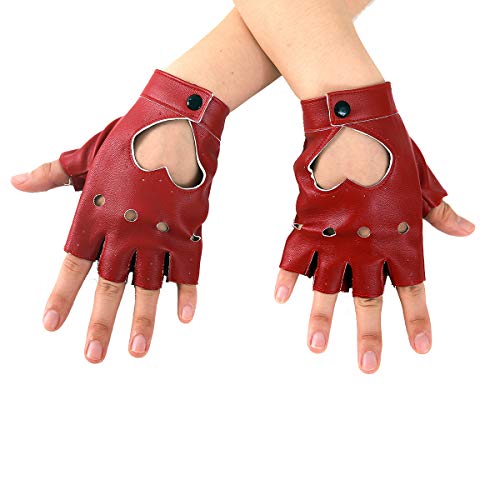 JISEN Women Heart Cutout Punk Half Finger PU Leather Performance Gloves Red