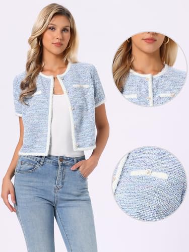Image of Allegra K Short Sleeve Tweed Jacket for Women Summer Crew Neck Button Front Cropped Cardigan