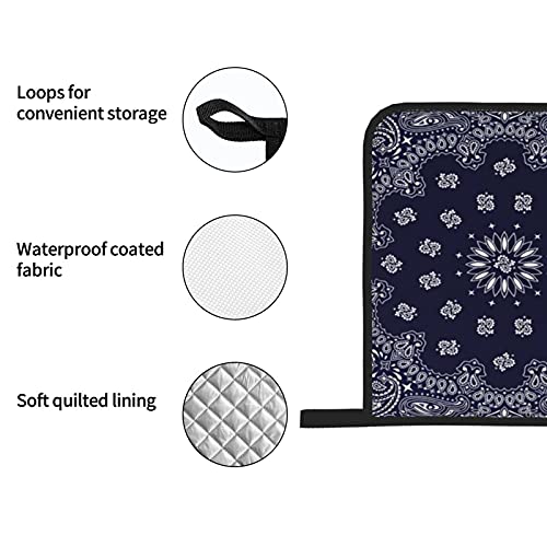 Southwestern Navy Blue Bandana Paisley Oven Mitts And Pot Holders Sets Of 4 Kitchen Heat Resistant Oven Gloves Non-Slip Bbq Potholders Hot Pads For Cooking Baking Grilling #TOP6