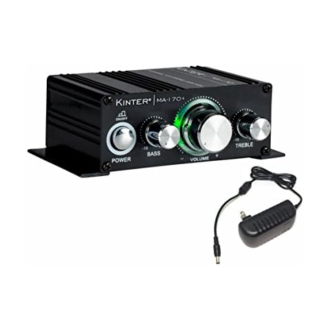 Kinter MA170+ 2-Channel Auto Home Cycle Arcade DIY 2 x 18 W Mini Amplifier Bass Treble RCA Input Audio Mini Amplifier with 12V 3A Power Supply Black Cover