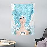 ABAKUHAUS Sternzeichen Wassermann Wandteppich, Frau mit Effekten Tattoo Körperzeichen, aus Weiches Mikrofaser Stoff Wand Dekoration Für Schlafzimmer, 110 x 150 cm, Blass Pfirsich Aqua Koralle