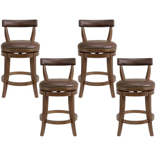 Image of ROME + OAK Ruxban 26 inch Counter Stool, Set of 4 Low Back Swivel Barstools in Walnut Finish with Saddle Brown Vegan Leather Seat - Indoor Home Furniture