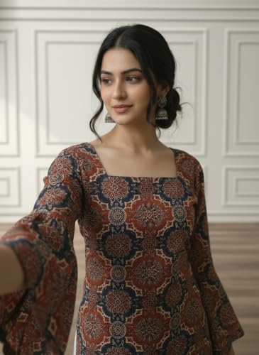 Image of MAHIRA'S Women's Short Kurti, Black Rayon Tunic Top with Embroidered Sleeves, 3 /4 Designer Sleeves