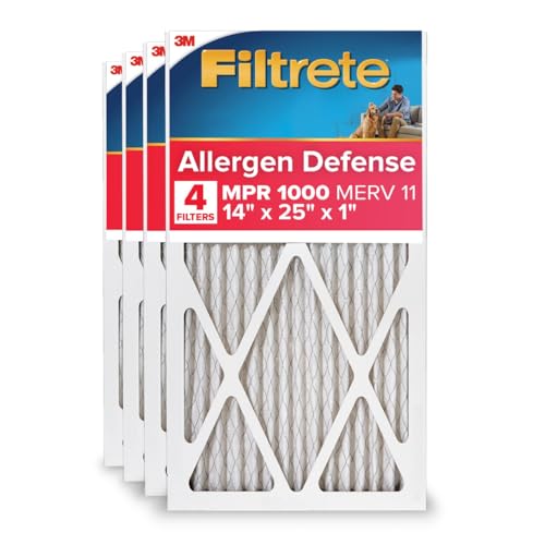 Filtrete 14x25x1 AC Furnace Air Filter, MERV 11, MPR 1000, Micro Allergen Defense, 3-Month Pleated 1-Inch Electrostatic Air Cleaning Filter, 4 Pack (Actual Size 13.81 x 24.81 x 0.81 in)