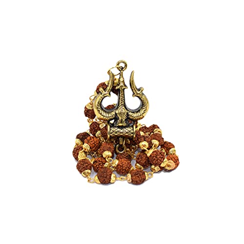 Imagine Stores Imagine Mart Men's And Women's Agate Golden Gold-Plated Brass, Wood Lord Shiv Trishul Locket With Panchmukhi Rudraksha Mala, Stainless Steel