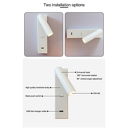 Lámpara de lectura de cabecera AMUCK con cargador USB y un interruptor integrado color blanco 6