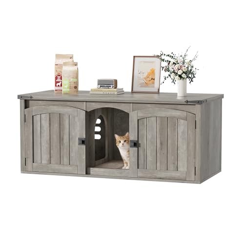 Cat Litter Box Enclosure for 2 Cats, Hidden Litter Box Furniture with Scratch Pad & Magnetic Doors, Farmhouse Wood Cat Litter Box Cabinet, Side Table, Grey