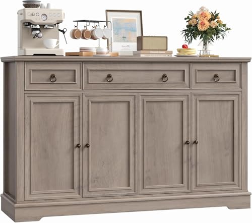 FirFurd Aparador Cocina con Encimera, Aparadores para Salón, Aparador Entrada Recibidor, Mueble Recibidor, Comedor, con 3 Cajones y 4 Puertas, Estante Ajustable, (Gris Ceniza)