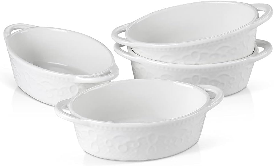 4/8-Piece 320ML White Porcelain Bake Plate Dishes with Handle Ceramic Souffle Brulee Pie Lids Baking Pans Bakeware (Size : 8-Piece) (4)