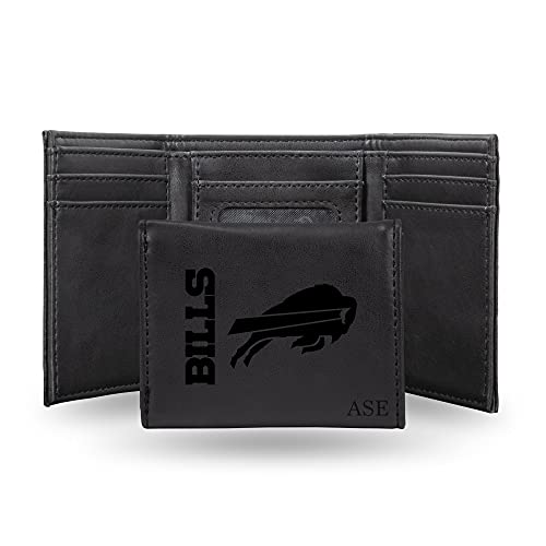 Rico Industries NFL Football Buffalo Bills Black Personalized-Custom Laser Engraved Faux Leather Tri-fold Wallet - Slim Wallet