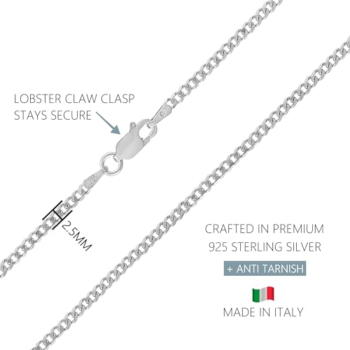 KISPER Italian Solid 925 Sterling Silver Diamond Cut 1.75MM, 2.5mm Curb Cuban Link Chain Necklace - for Men & Women with Lobster Clasp - Made in Italy3