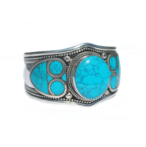 Boho Style Blue Stabilized-Turquoise Ornate Mosaic Adjustable Cuff Bracelet | Stainless Steel Jewelry From Nepal, Blue,Turquoise #TOP3