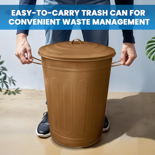 Image of Plexon 13 Gallon Metal Trash Can with Lid Outdoor Vintage Trash Can Steel Retro Garbage Can for Kitchen Farmhouse Rustic Bird Seed Storage Pet Food Cute Bucket, Brown 2 Pack