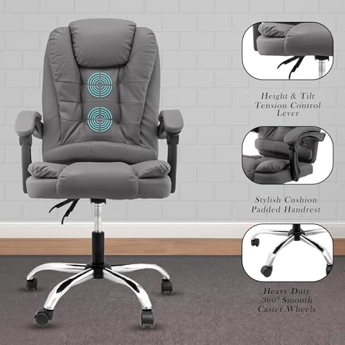 Image of Casa Copenhagen Italia Premium Leatherette Office Chair for Work | Boss Chair, Ergonomic Executive, Luxurious Cushioned Arms & Seat, 2 Point Back Massager, Heavy Duty Metal Base (Grey)