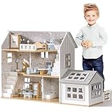 ROBOTIME Dollhouse, Wooden Doll House with 25 Pieces of Furniture, 6 Rooms, Wooden Dollhouse with Stable for 4, 5, 6-Inch Dolls, Dollhouse Gift for Kids Ages 3+(Gray)