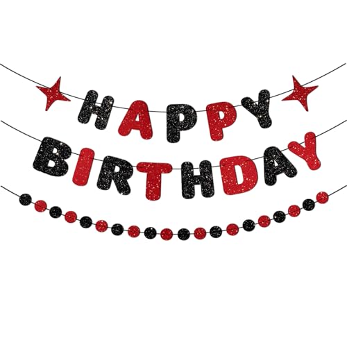 Image of Red and Black Happy Birthday Banner Glitter Garland for Black and Red Decorations Happy Birthday Decorations for Women Men Boys Girls 25th 30th 40th 50th 60th Party Decor
