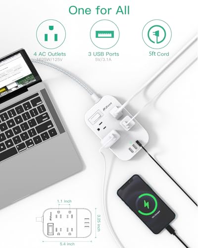 Image of Dorm Room Essentials, Extension Cord 5FT, Power Strip with USB Ports, Flat Plug, Wall Mountable, Overload Protection, Home Office Supplies