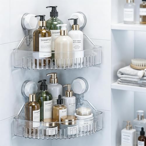 CNXINBAYOU No-Drill Bathroom Suction Storage Box, Large Capacity Strong Load-Bearing Suction Cup Storage Rack with Drain Holes, Removable Corner Shower Caddy Hanging Wall Mount Kitchen Organizer (2) by CNXINBAYOU - Used condition - US$12.56
