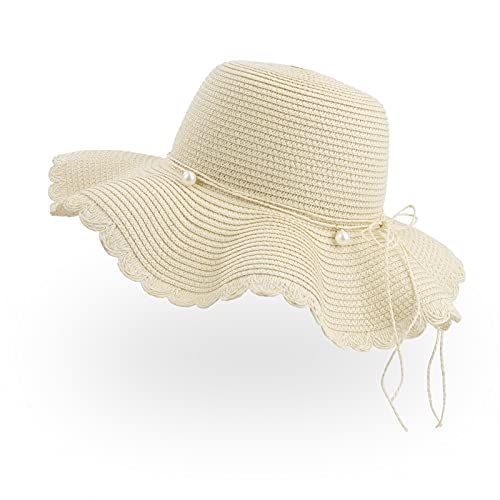 Jesustree Strohhut Damen Frauen Faltbarer Sonnenhut, Sommer Atmungsaktiv Floppy-Strandhut mit Breiter Krempe und schöner Perlen, UV Schutz UPF 50 für Wandern Reise Urlaub (Beige)