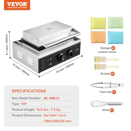 Image of VEVOR Commercial Waffle Maker, 10PCS Rectangle Waffle Baker Machine, 1550W Non-Stick Stainless Steel Belgian Waffle Iron with Temp and Time Control, Handle, for Restaurant Bakery Snack Bar Family
