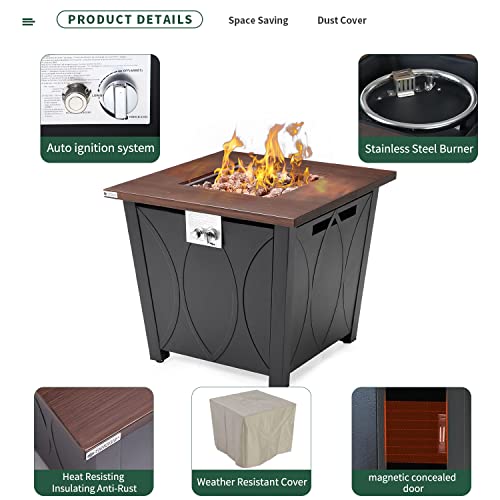 Ulsum Outdoor 28 Inch Gas Fire Table, 50,00 Btu Square Metal Gasoutdoor Fire Pit Table With Lid, Glass Wind Guard, Waterproof Cover And Lava Rocks, Propane Fire Pit Table Small Fire Pit For Outside #TOP4