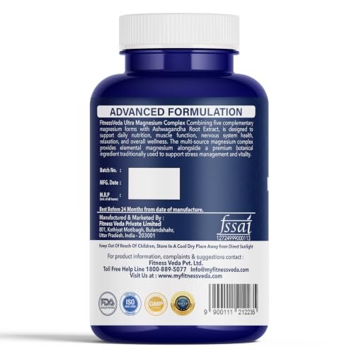Image of Fitness Veda Ultra Magnesium Complex with Ashwagandha, Vitamin B6 & 5 Magnesium Forms, 3000mg, 90 Veggie Capsules