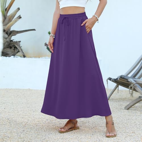 Women's Casual Maxi Skirt Summer Flowy Elastic High Waist Skirts with Pockets3