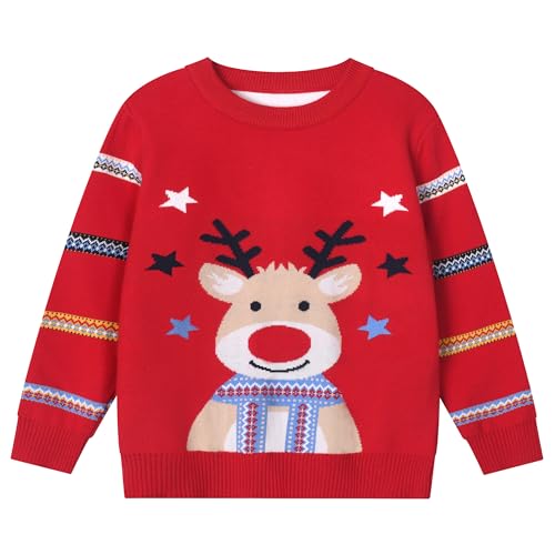 Pilipulu Jersey Navideño Niños, Suéter de Punto con Cuello Redondo para Niño y Niña, Sudaderas Navideñas para Unisex Niños 3 Años, Ciervo navideño/Rojo 1