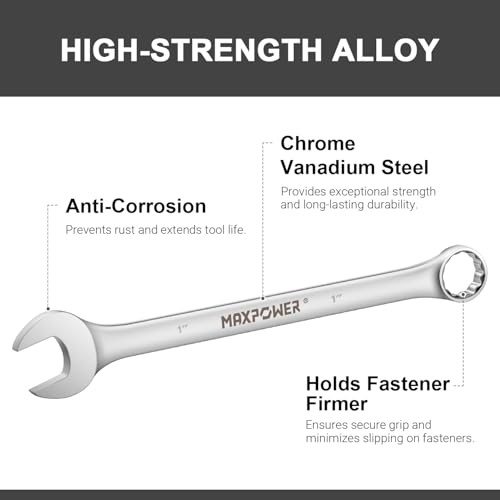 Image of MAXPOWER 1 Inch Combination Wrench, Industrial Grade Spanners with 12 Point Box End, Durable Chrome Vanadium Steel with Off Corners Design, 15 Degree Offset - SAE