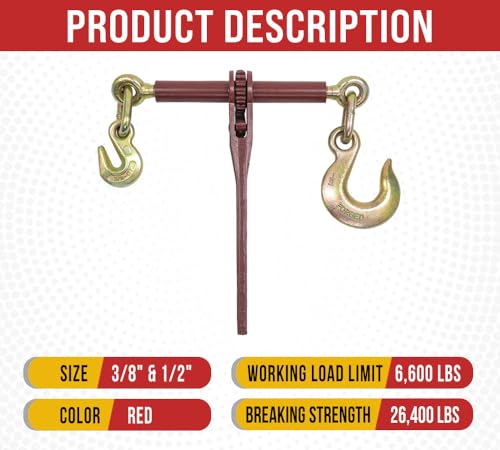 Image of (6 Pack) 5 /16 inch - 3 /8 Heavy Duty Ratchet Lever Load Chain Binder w /Grab Hook one Side, 1 /2 inch Slip Hook on Other 6,600 Lbs Working Load Limit