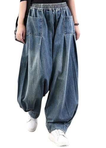 loveimgs Women Pleated Wide Leg Denim Pants Baggy Boyfriend Barrel Jeans Elastic Waist Balloon Harem Pants Y2k