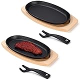 Mifoci 2 Pieces Oval Cast Iron Fajita Skillet Pan Set Small Sizzling Steak Plate with Wooden Base and Handle Cast Iron Fajita Skillet Sizzling Plate for Home Restaurant BBQ(9.5 in X 5.5 in)