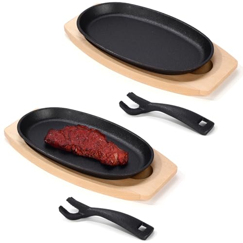 Mifoci 2 Pieces Oval Cast Iron Fajita Skillet Pan Set Small Sizzling Steak Plate with Wooden Base and Handle Cast Iron Fajita Skillet Sizzling Plate for Home(9.5 in X 5.5 in,Natural Wood,2 Pcs)