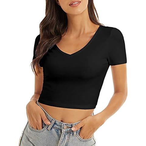 VIIOO Women's Casual Short Sleeve V Neck Crop Top Basic Solid Slim Crop Tee Shirts(Black/V-Neck,L) Cover