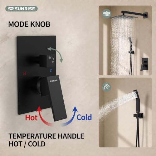 Image of SR SUN RISE Black Square Rainfall Shower and Handle Set, Wall Mounted Fixture, Metal Faucet Trim Kit with Valve
