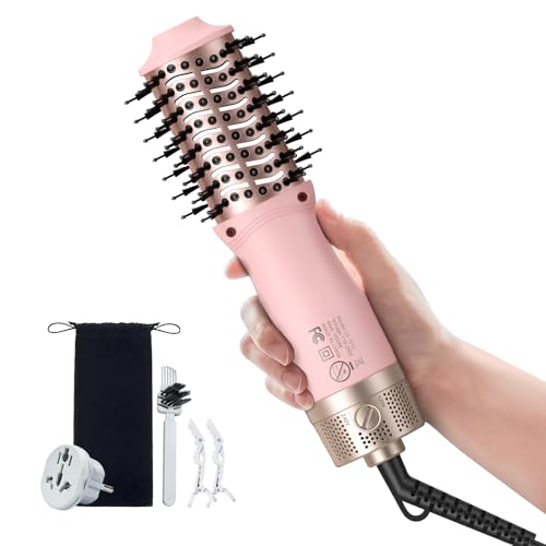 Image of slopehill Mini Travel Dual Voltage Hair Dryer Brush,1000 Watts Hot Air Brush with European Plug, Ionic Hair Dryer and Styler for Women, Oval Barrel 2 Heat & 2 Speed for International Travel Pink