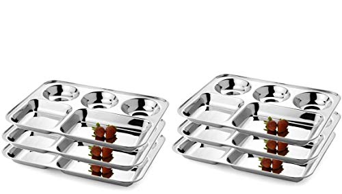 Indiabigshop Stainless Steel Five Compartment Rectangle Plates, Thali, Mess Tray, Dinner Plate Set Of 12 Pcs #TOP1