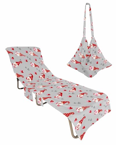 Valentine's Day Beach Lounge Chair Towel Cover, Soft Chaise Lounge Towel with Side Pockets Patio Pool Chairs Cover for Beach/Pool Sunbathing 29x85 Red Gnomes Love Heart Grey