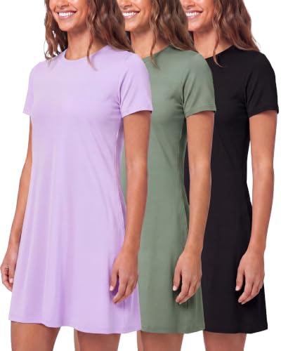 Image of Real Essentials 3 Pack: Women's Short Sleeve T Shirt Dress Swing Loose Casual Lounge Everyday Outfit (Available in Plus)