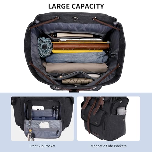 Image of WITZMAN Canvas Backpack for Men Vintage Rucksack Fits 15.6 inch Laptop | Drawstring Backpack, Travel High Capacity Casual Daypack with USB Charging Port, For Vacation, Overnight Trip, A8004 Black